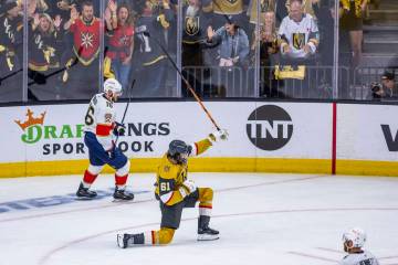 Golden Knights right wing Mark Stone (61) celebrates after scoring on Florida Panthers goaltend ...