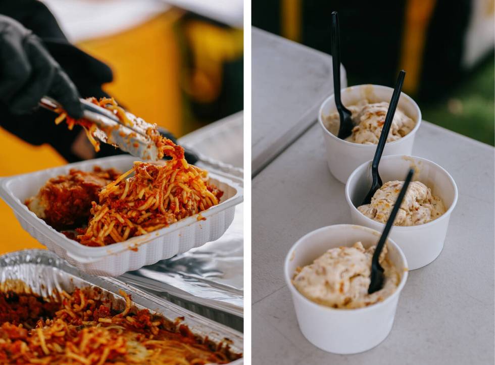 Left: Brandy Bair prepares a boxed meal of spaghetti and fried chicken for those in Tonopah Par ...