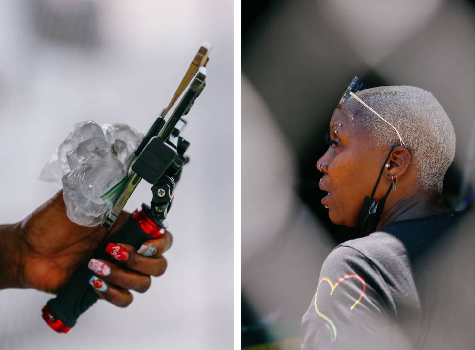 Left: Shirley Raines holds ice to her live-streaming phones to keep them cool while serving the ...
