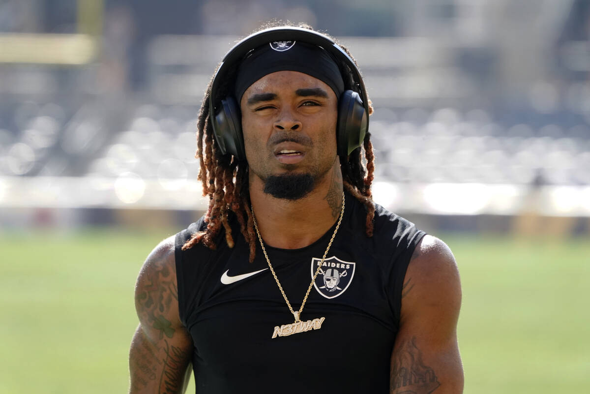 Las Vegas Raiders cornerback Damon Arnette warms up before an NFL football game against the Pit ...