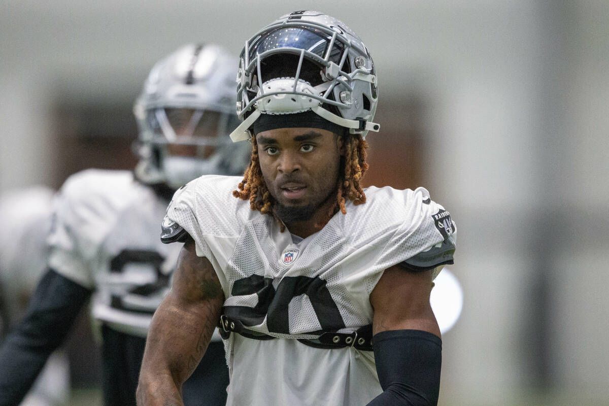 Raiders cornerback Damon Arnette (20) stretches during team practice at the Raiders Headquarter ...