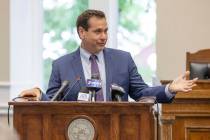 Nevada Secretary of State Cisco Aguilar speaks before Gov. Joe Lombardo signs an election worke ...