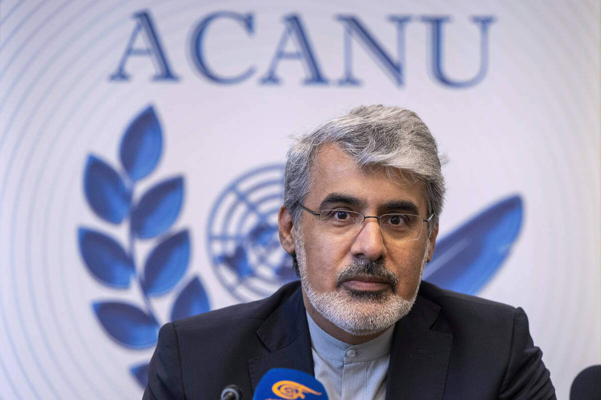 Ali Bahreini, Iran's ambassador in Geneva, speaks to journalists during a press conference at t ...