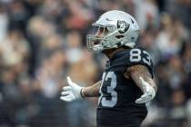 Raiders tight end Darren Waller (83) celebrates his touchdown during the first half of an NFL g ...