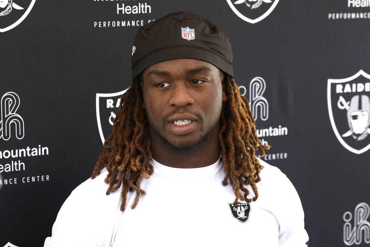 Raiders running back Ashton Jeanty addresses the media after participating in the Raiders rooki ...