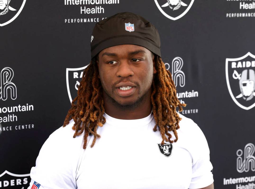 Raiders running back Ashton Jeanty addresses the media after participating in the Raiders rooki ...
