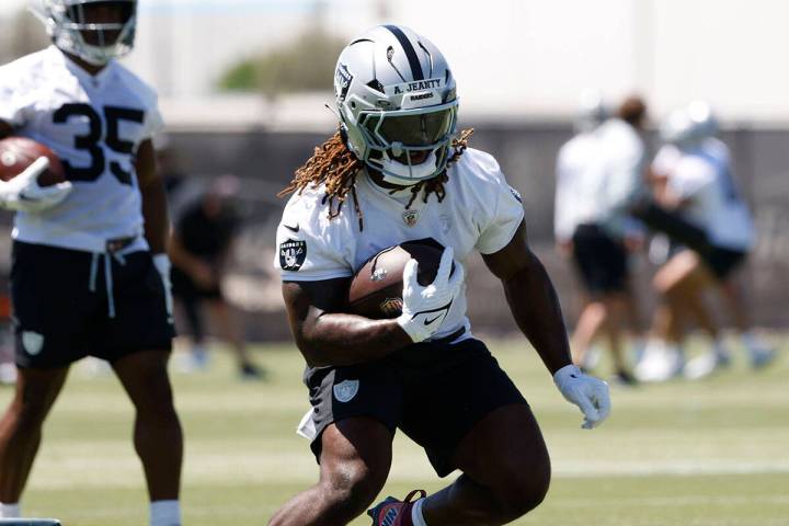 Raiders running back Ashton Jeanty goes through a drill during the 2025 rookie mini camp at the ...
