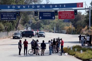People watch as Immigration and Customs Enforcement agents stage outside Gate E of Dodger Stadi ...