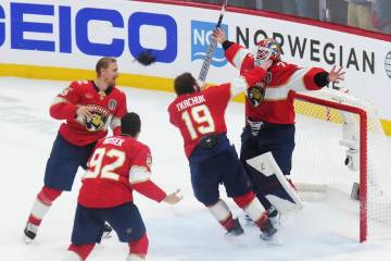 Florida Panthers goalie Sergei Bobrovsky (72), Matthew Tkachuk (19), Gustav Forsling (42) and T ...