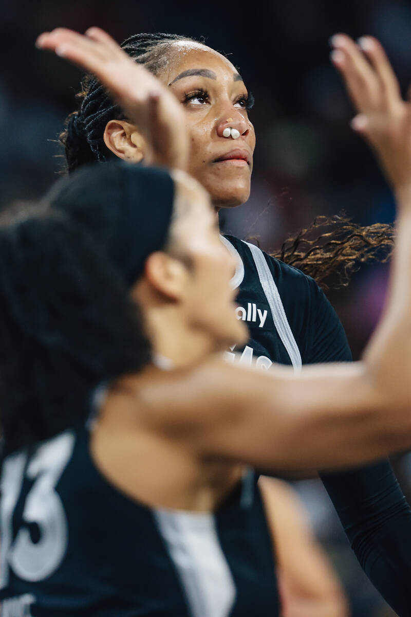 Aces center A'ja Wilson sports a clogged nose from an injury during a WNBA basketball game betw ...
