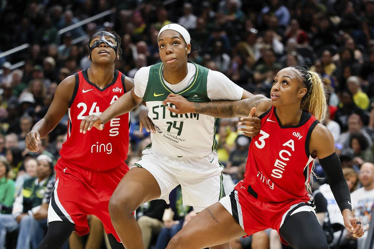 Seattle Storm center Dominique Malonga, center, vies for a rebound on a free throw with Las Veg ...