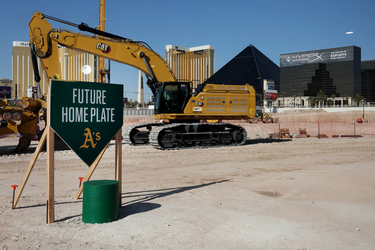 A sign marks the spot for the Athletics' future home plate during a groundbreaking ceremony for ...