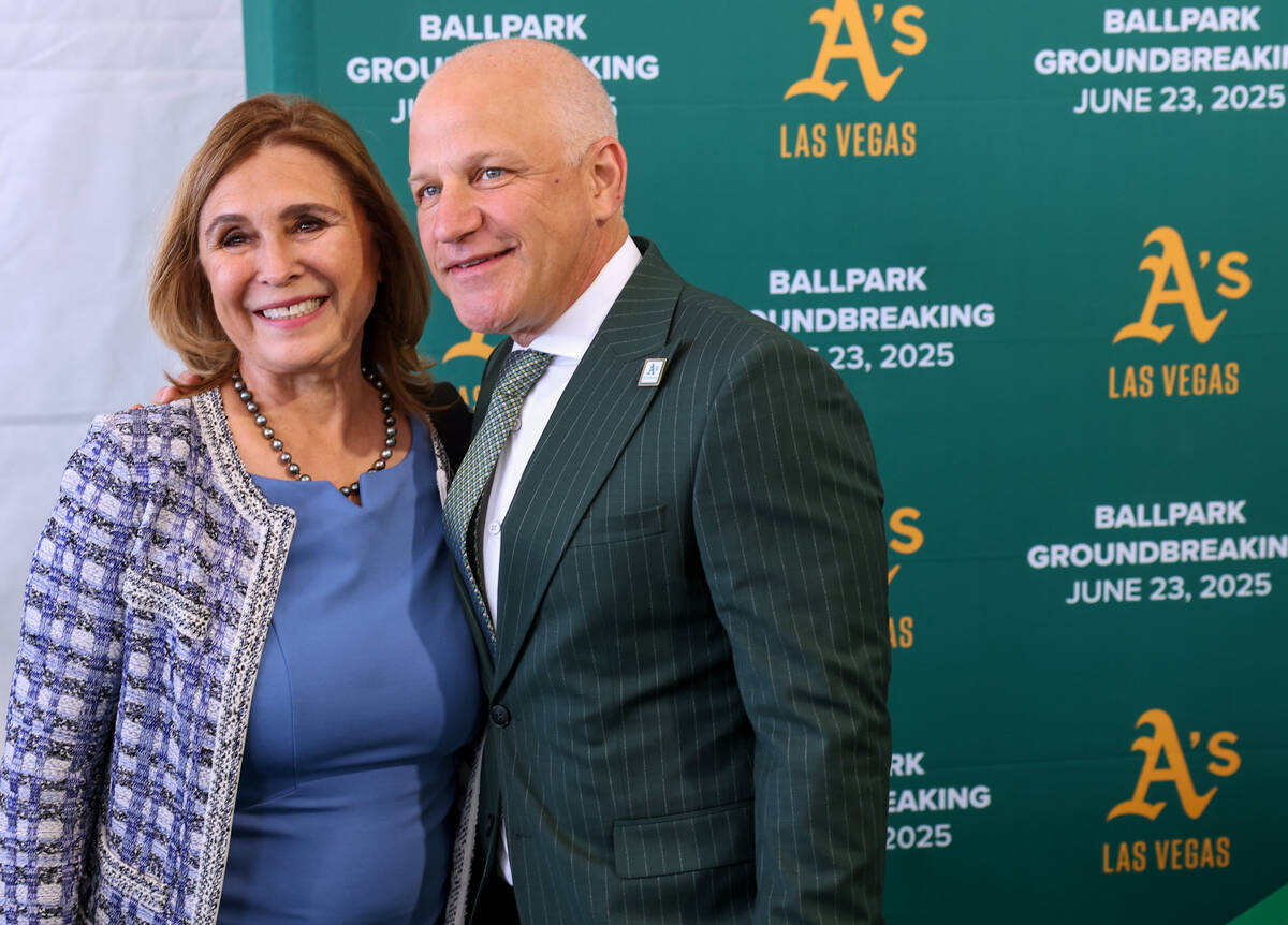 Las Vegas City Councilwoman Victoria Seaman poses with A’s President Marc Badain during ...