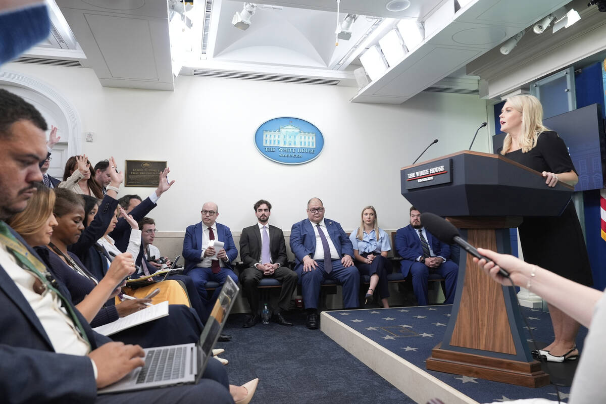 White House press secretary Karoline Leavitt speaks with reporters in the James Brady Press Bri ...
