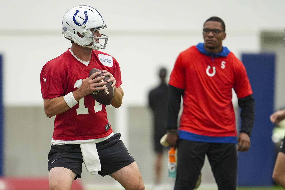 Indianapolis Colts quarterback Anthony Richardson Sr., right, watches as quarterback Daniel Jon ...
