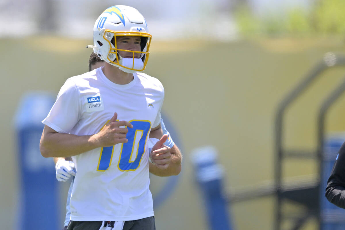 Los Angeles Chargers quarterback Justin Herbert during NFL football practice Tuesday, May 27, 2 ...
