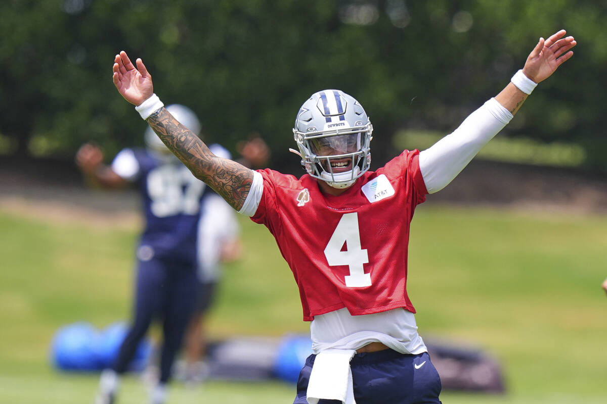 Dallas Cowboys quarterback Dak Prescott stretches at the start of NFL football practice Tuesday ...