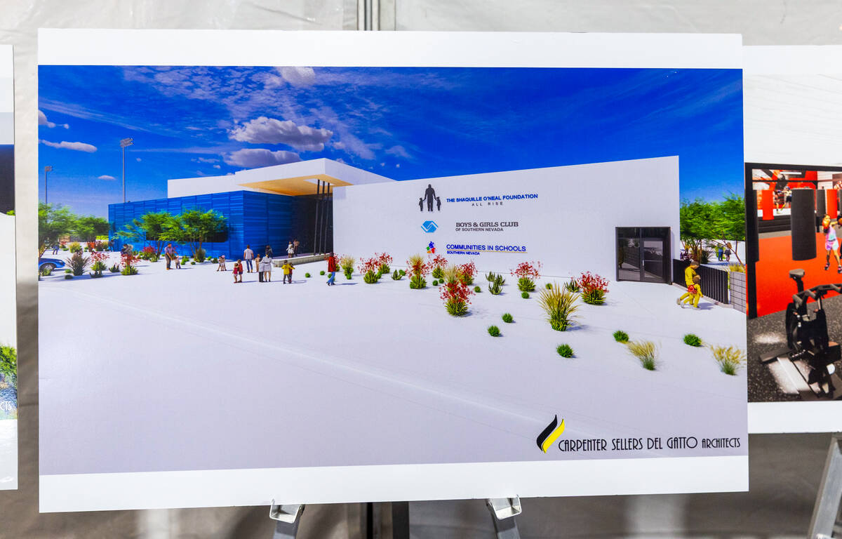 Exterior building rendering on display of the new Shaquille O'Neal Youth Complex during a press ...