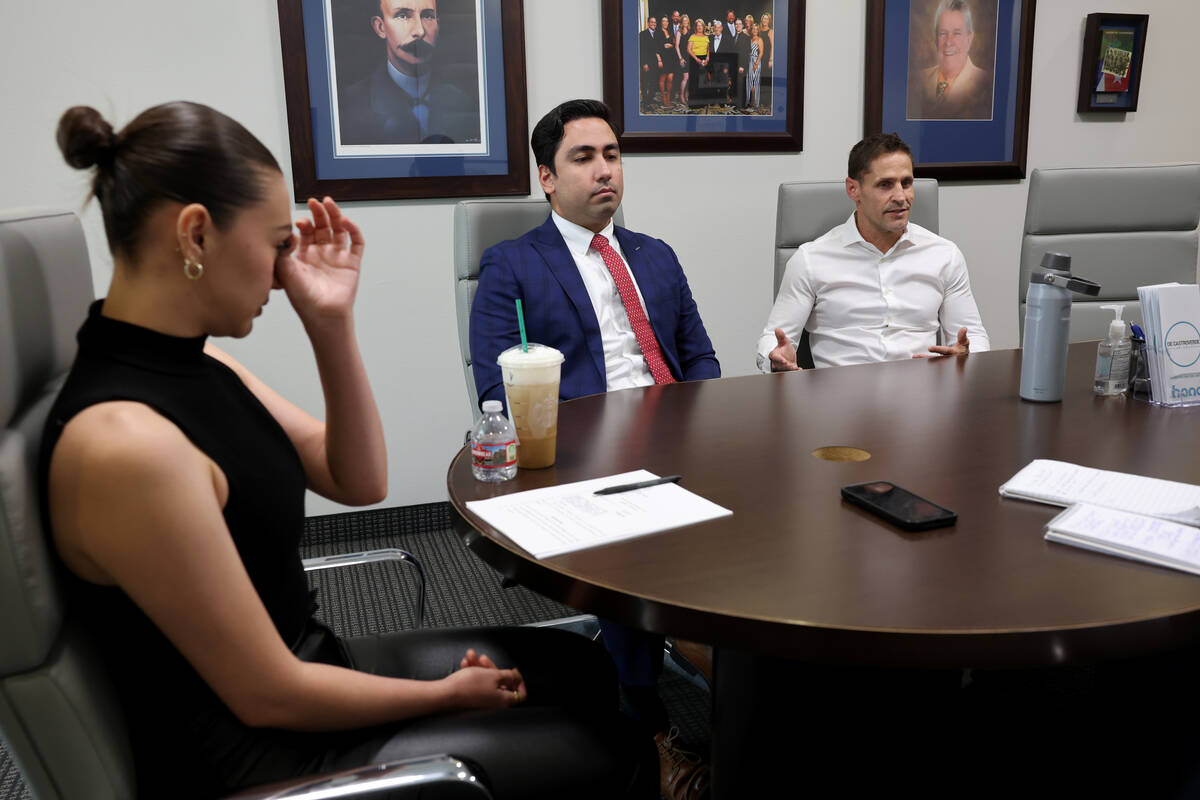 Marisela Quintero-Violante wipes tears while talking about her lawsuit against Henderson Police ...
