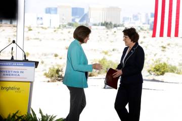 Sen. Jacky Rosen, right, takes the podium to speak after being introduced by Sen. Catherine Cor ...