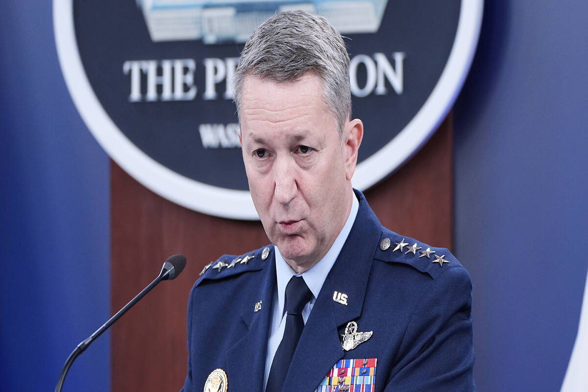 Joint Chiefs Chairman Gen. Dan Caine speaks during a news conference at the Pentagon in Washing ...