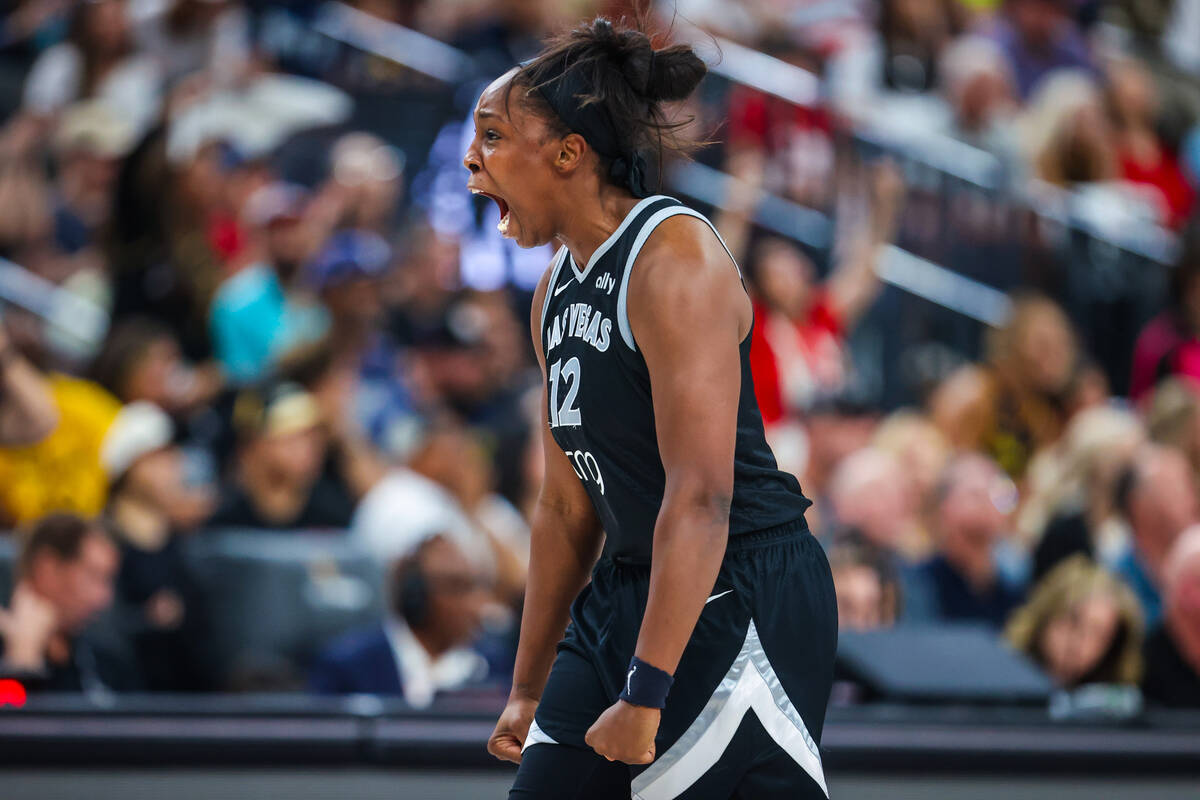 Aces guard Chelsea Gray gets amped up during a WNBA basketball game between the Aces and Indian ...