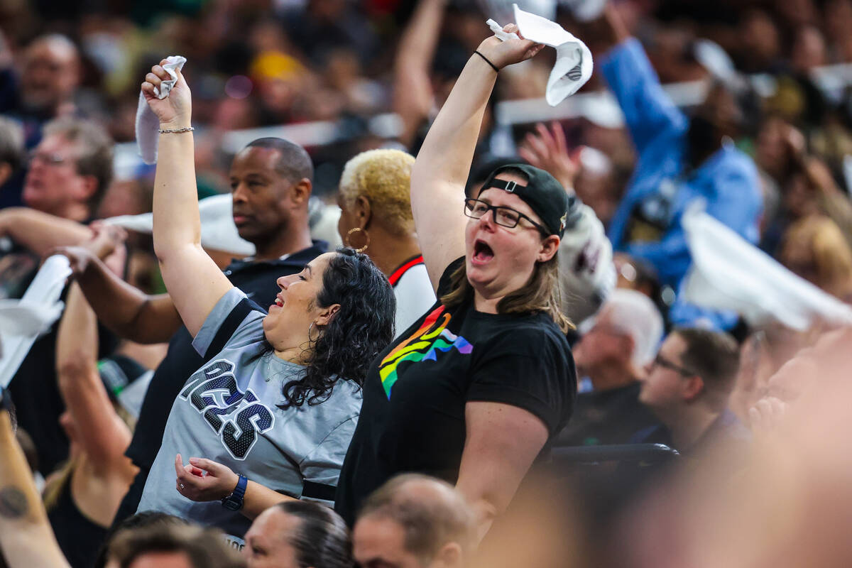 Aces fans cheer during a WNBA basketball game between the Aces and Indiana Fever at T-Mobile Ar ...