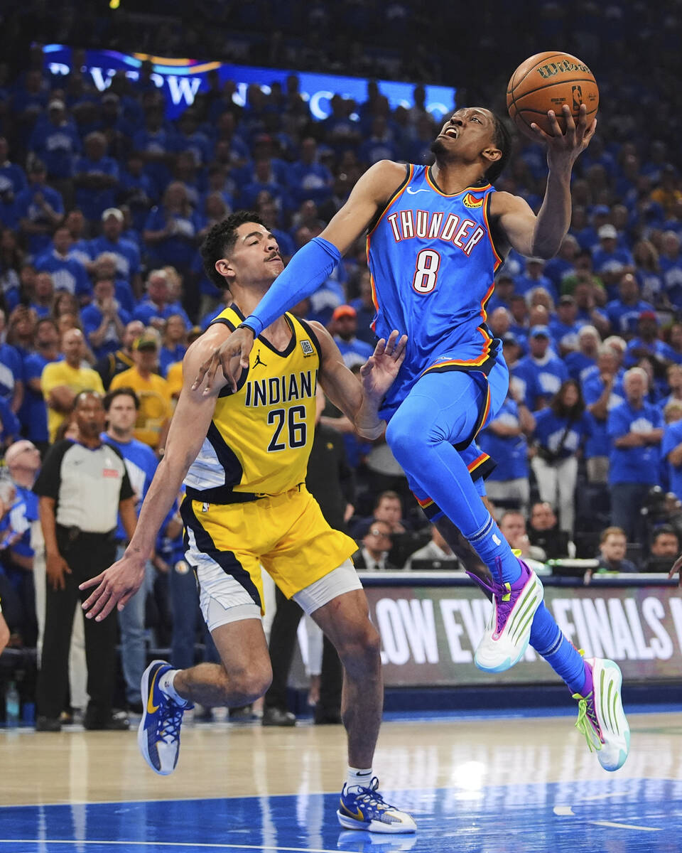 Oklahoma City Thunder forward Jalen Williams (8) shoots against Indiana Pacers guard Ben Sheppa ...