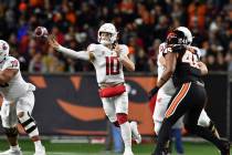 Washington State quarterback John Mateer (10) throws a pass against Oregon State during the fir ...