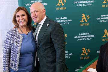 Las Vegas City Councilwoman Victoria Seaman poses with A’s President Marc Badain during ...