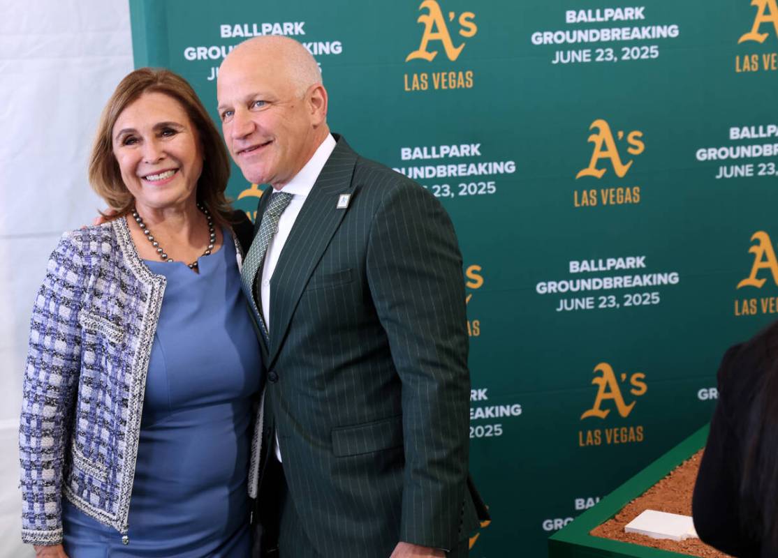 Las Vegas City Councilwoman Victoria Seaman poses with A’s President Marc Badain during a gro ...