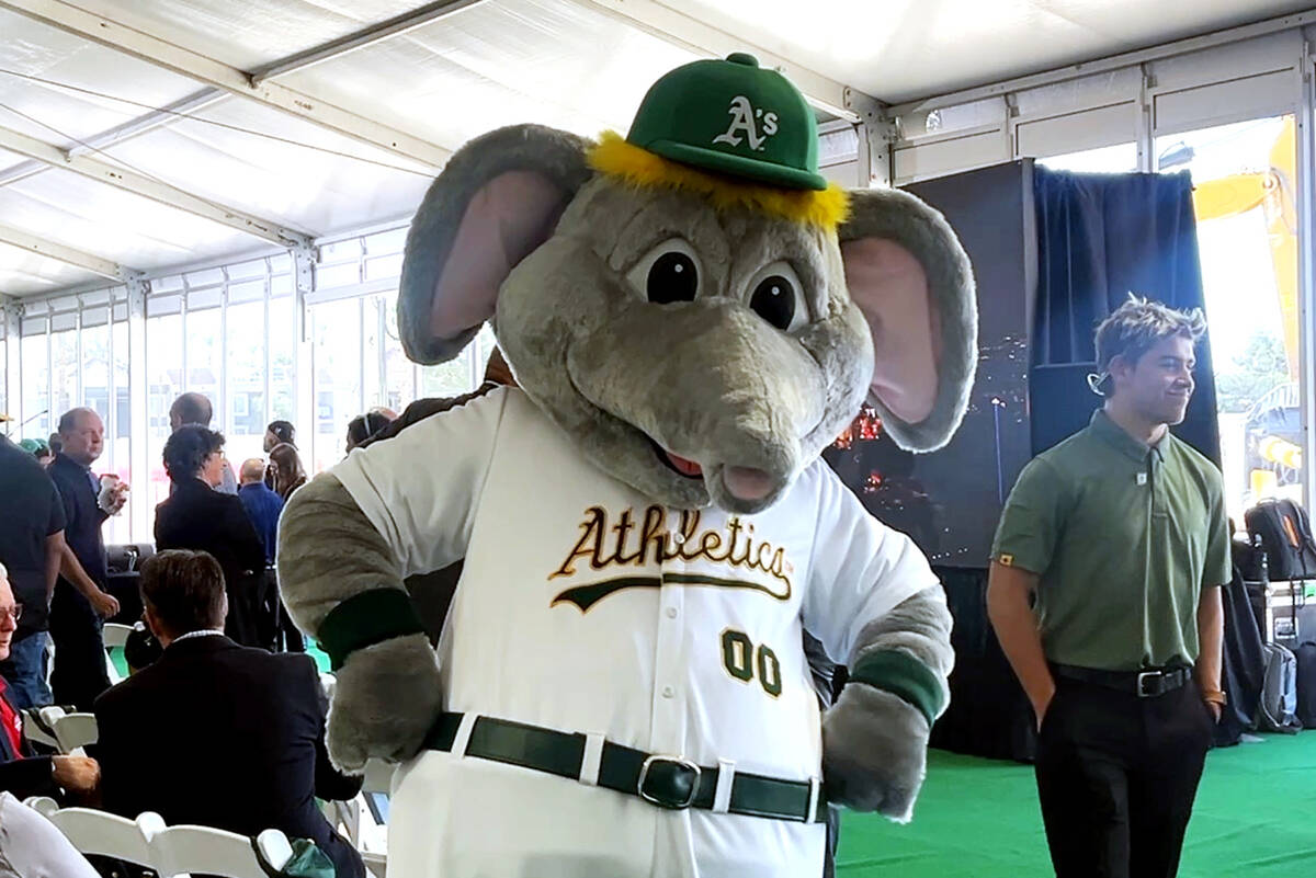A’s mascot, Stomper, poses during a groundbreaking ceremony for the Athletics’ St ...
