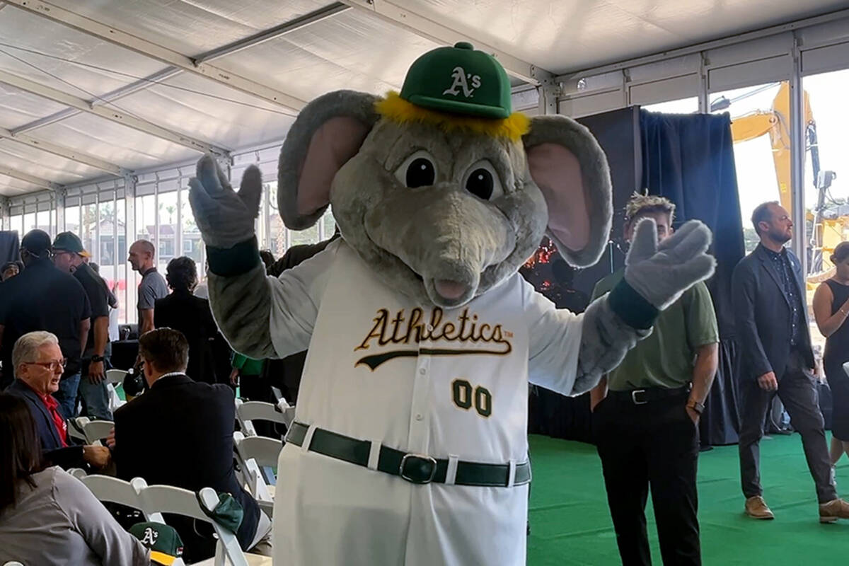 A’s mascot, Stomper, poses during a groundbreaking ceremony for the Athletics’ Strip ballpa ...