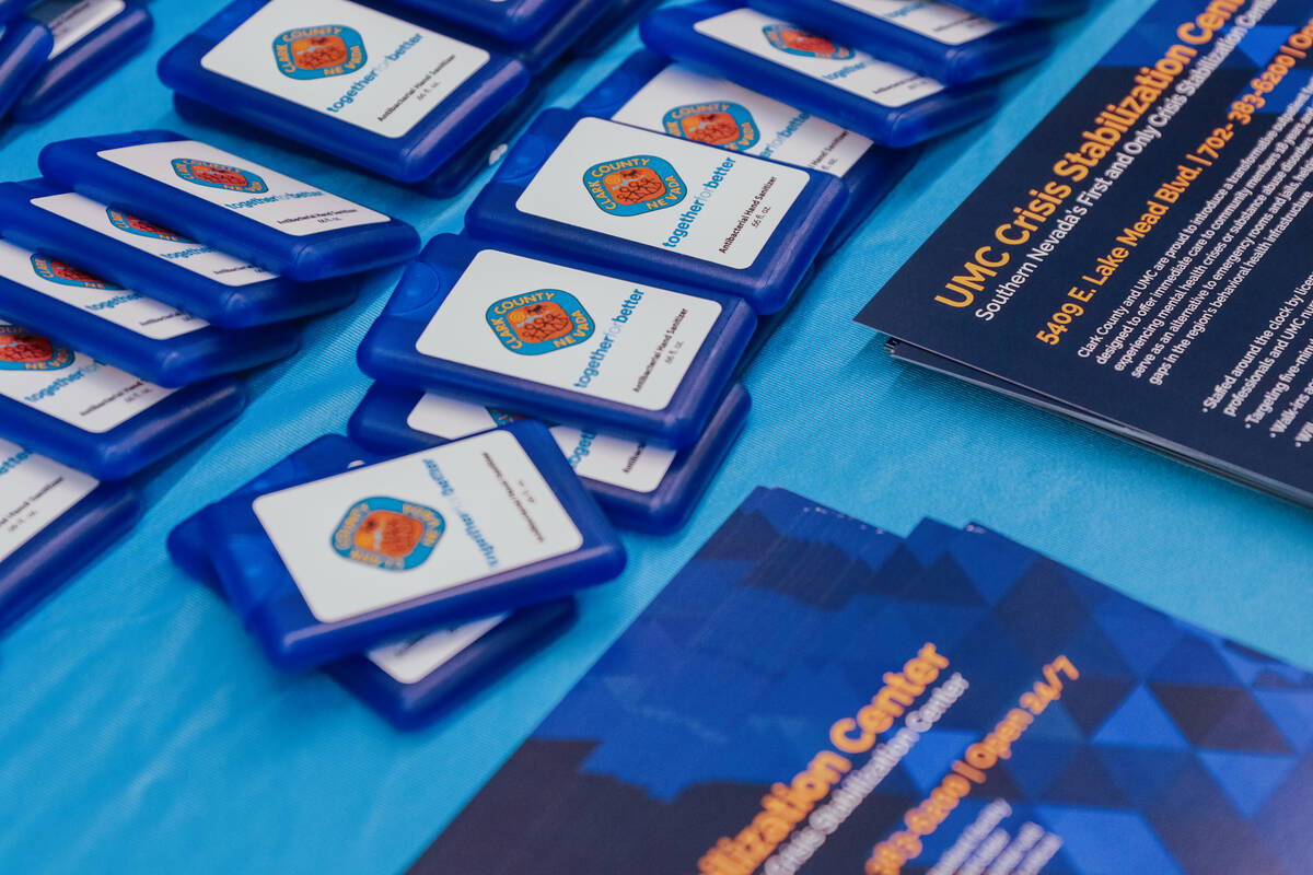Clark County hand sanitizer sits on a table for attendees of the ribbon-cutting ceremony for th ...