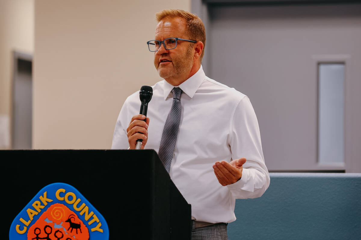 Clark County Manager Kevin Schiller provides opening remarks during a ribbon-cutting ceremony f ...