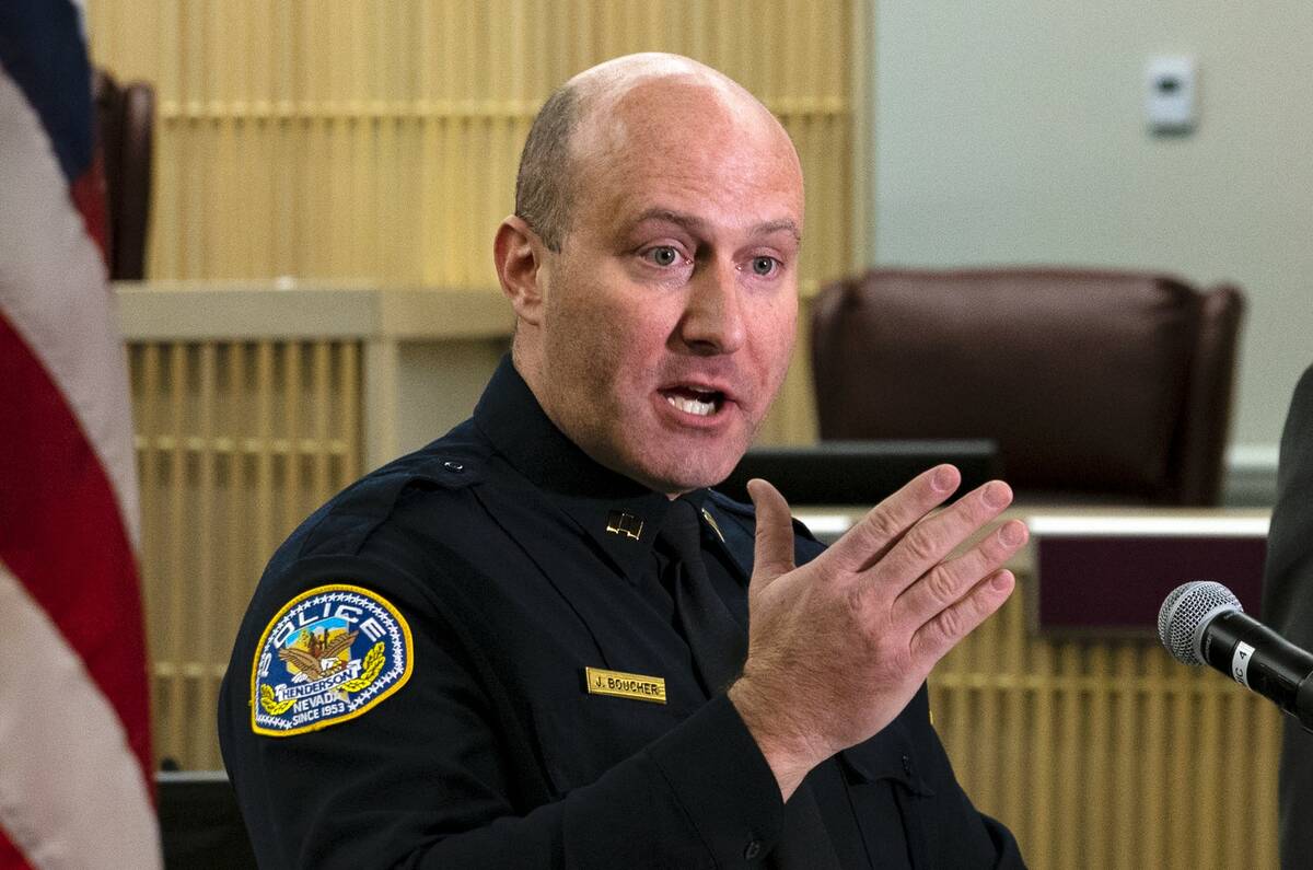 Henderson Police Captain Jonathan Boucher speaks at Henderson City Hall in December 2021. (Bizu ...