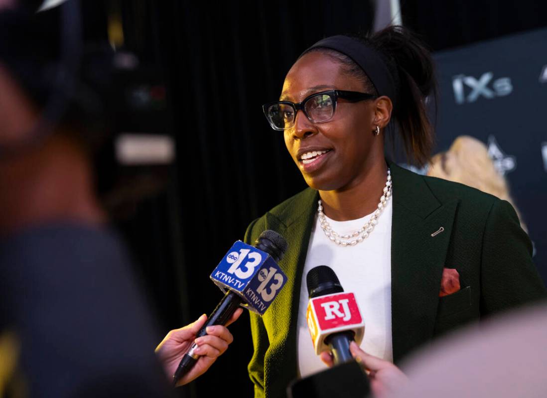 Aces guard Chelsea Gray is interviewed on the red carpet for The IX Awards held by the Aces at ...