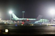 A Bundeswehr Airbus A400M with German Israel returnees on board taxis to its parking position a ...