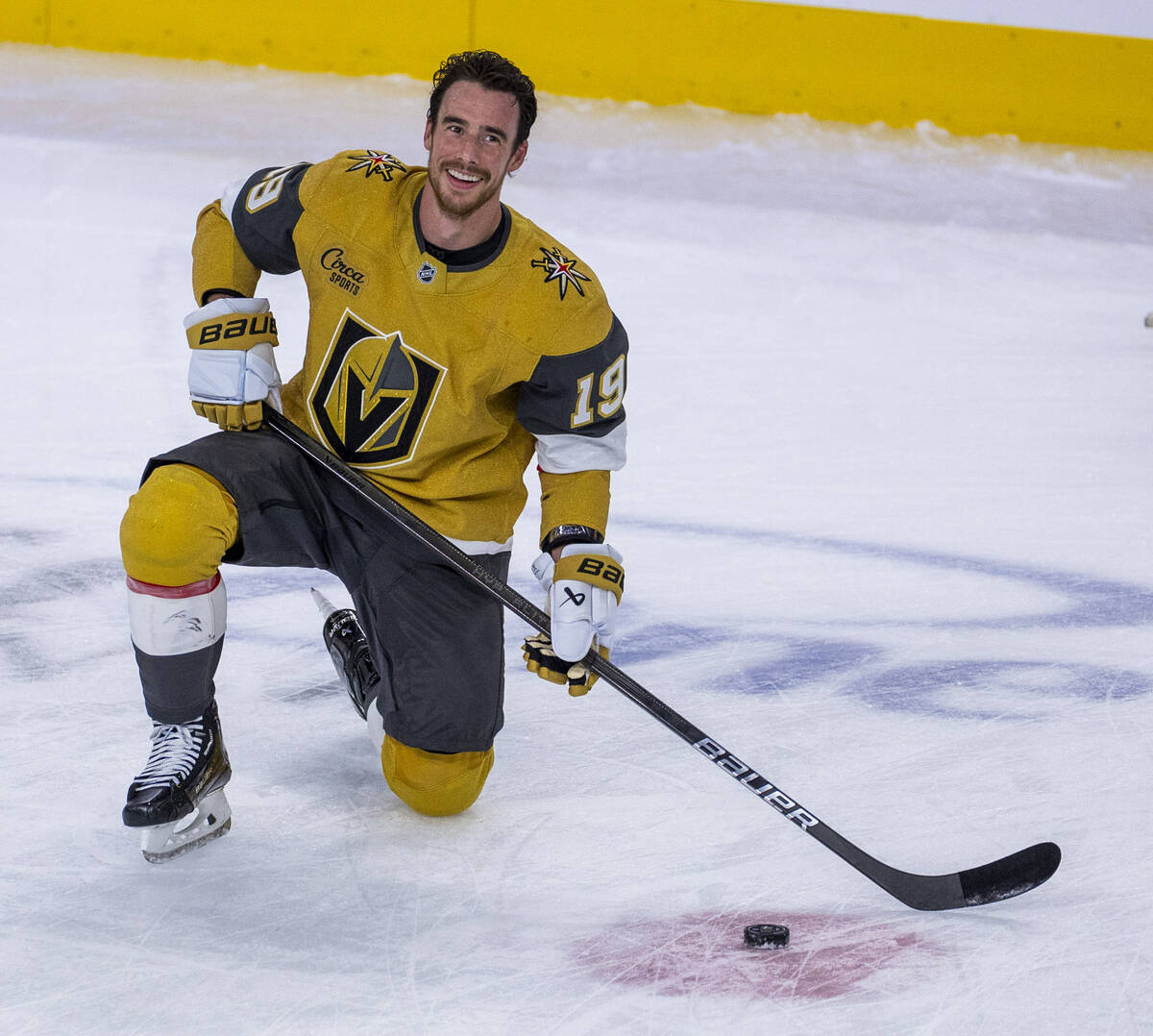 Golden Knights right wing Reilly Smith (19) smiles at fans during the warm up period of their N ...