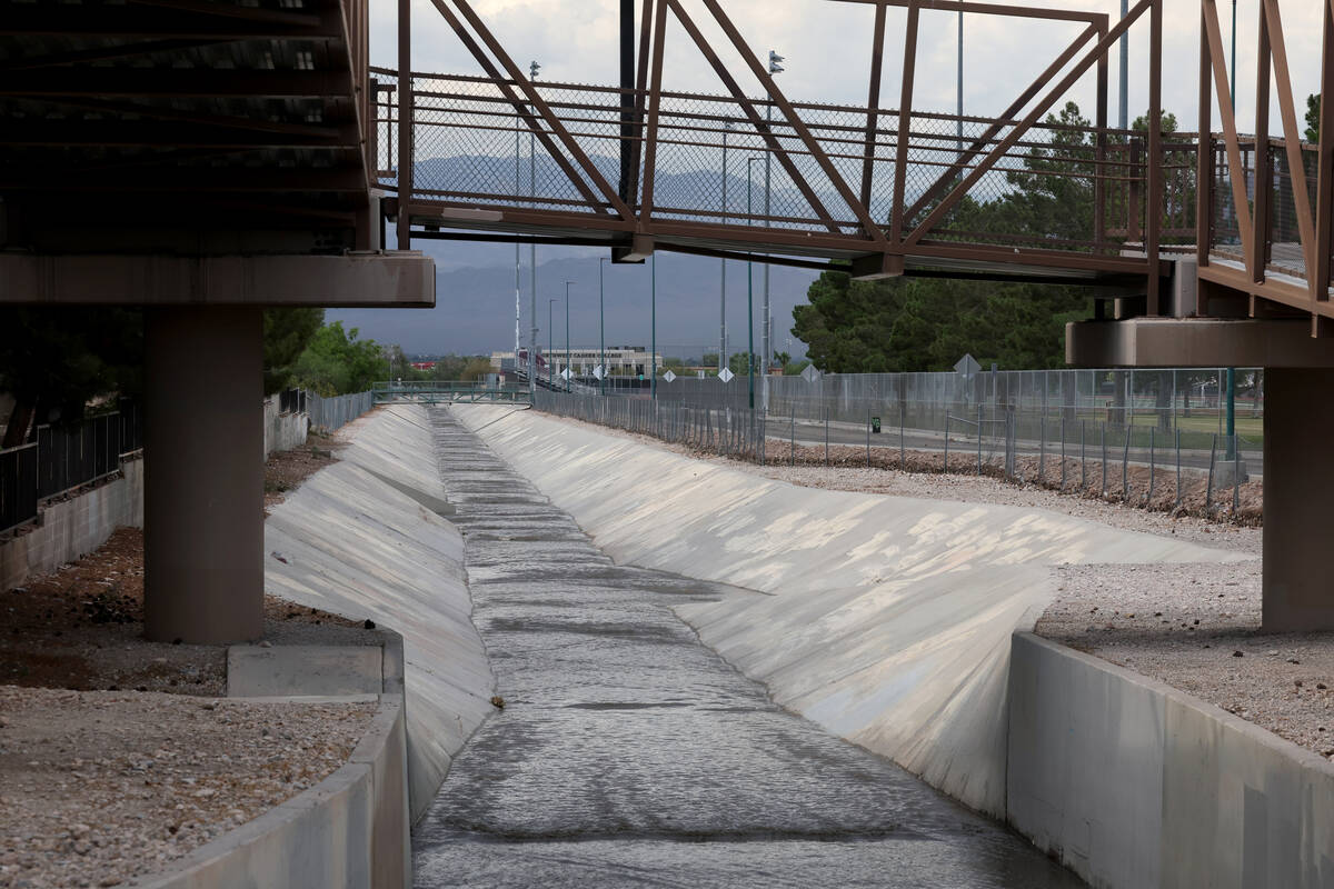 Water is seen in a flood control channel at Bettye Wilson Soccer Complex near North Buffalo Dri ...