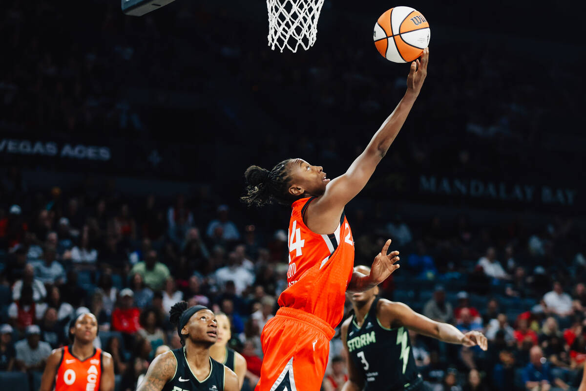 Aces guard Jewell Loyd (24) goes for a layup during a WNBA basketball game between the Aces and ...