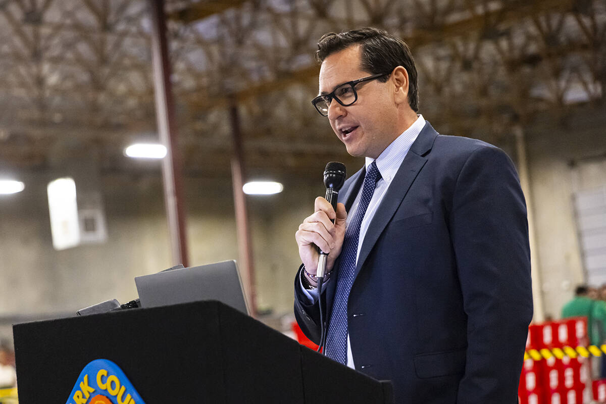 Nevada Secretary of State Cisco Aguilar speaks at the Clark County Election Department warehous ...