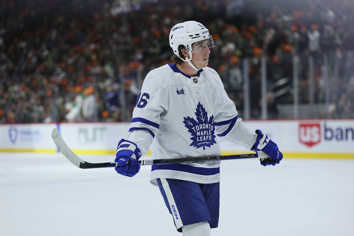Toronto Maple Leafs right wing Mitch Marner (16) looks up at the crowd during the second period ...