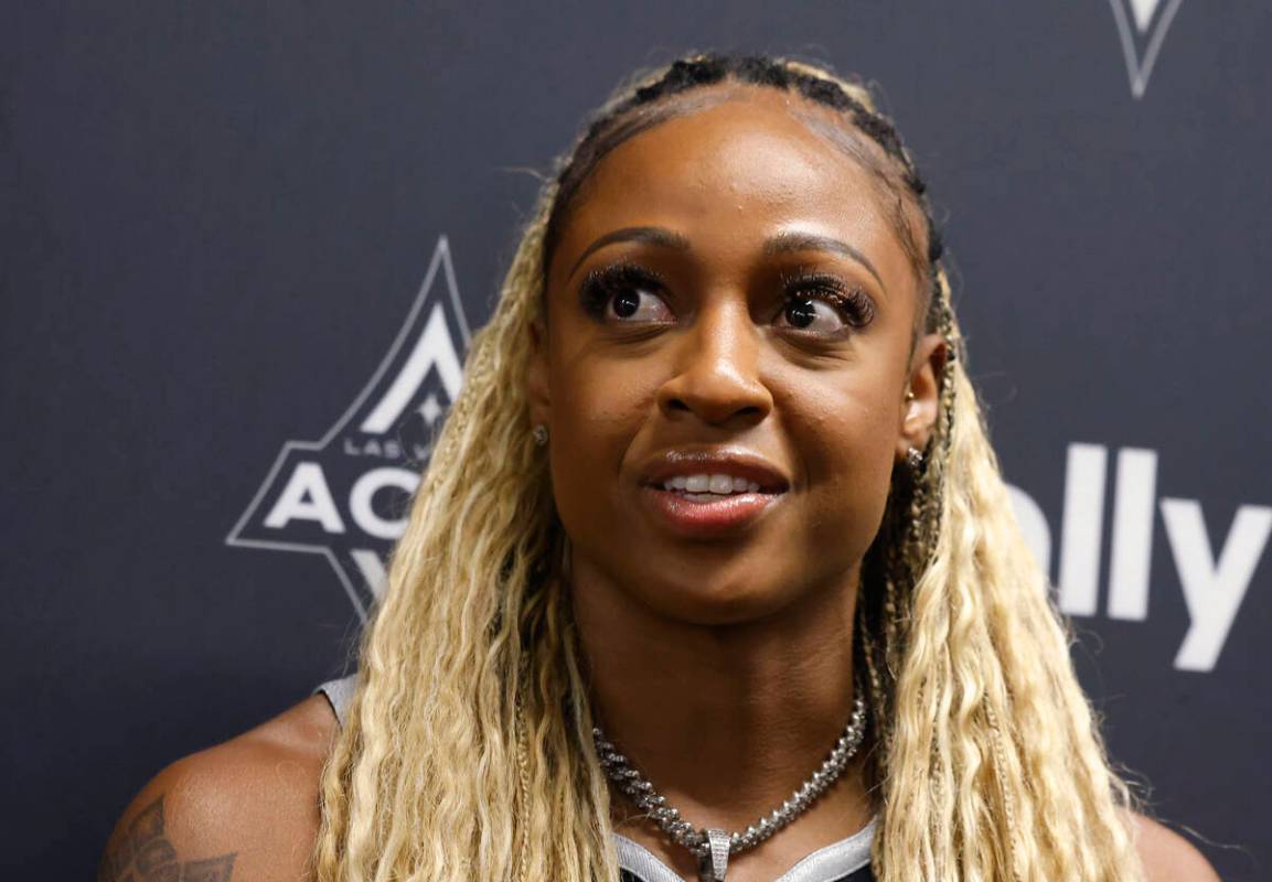 Las Vegas Aces guard Tiffany Mitchell speaks during team's media day on Thursday, May 8, 2025, ...