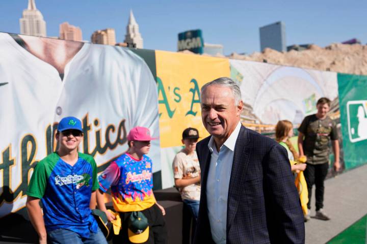 MLB Commissioner Rob Manfred arrives at a groundbreaking ceremony for the Athletics' baseball s ...