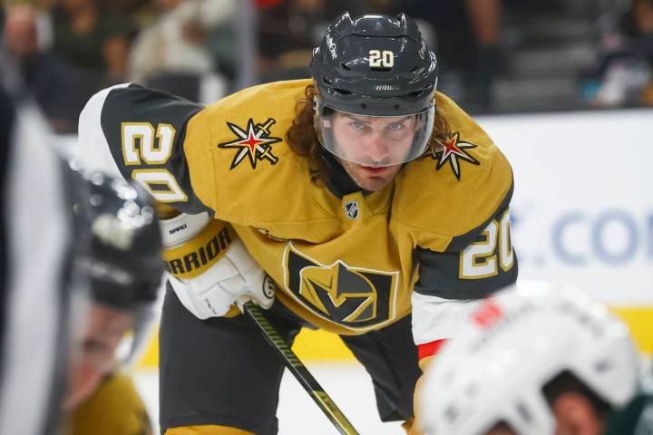 Golden Knights left wing Brandon Saad looks on during the third period of their first-round NHL ...