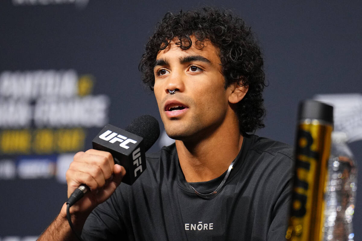 Payton Talbott is seen on stage during the UFC 317 news conference at T-Mobile Arena on June 26 ...