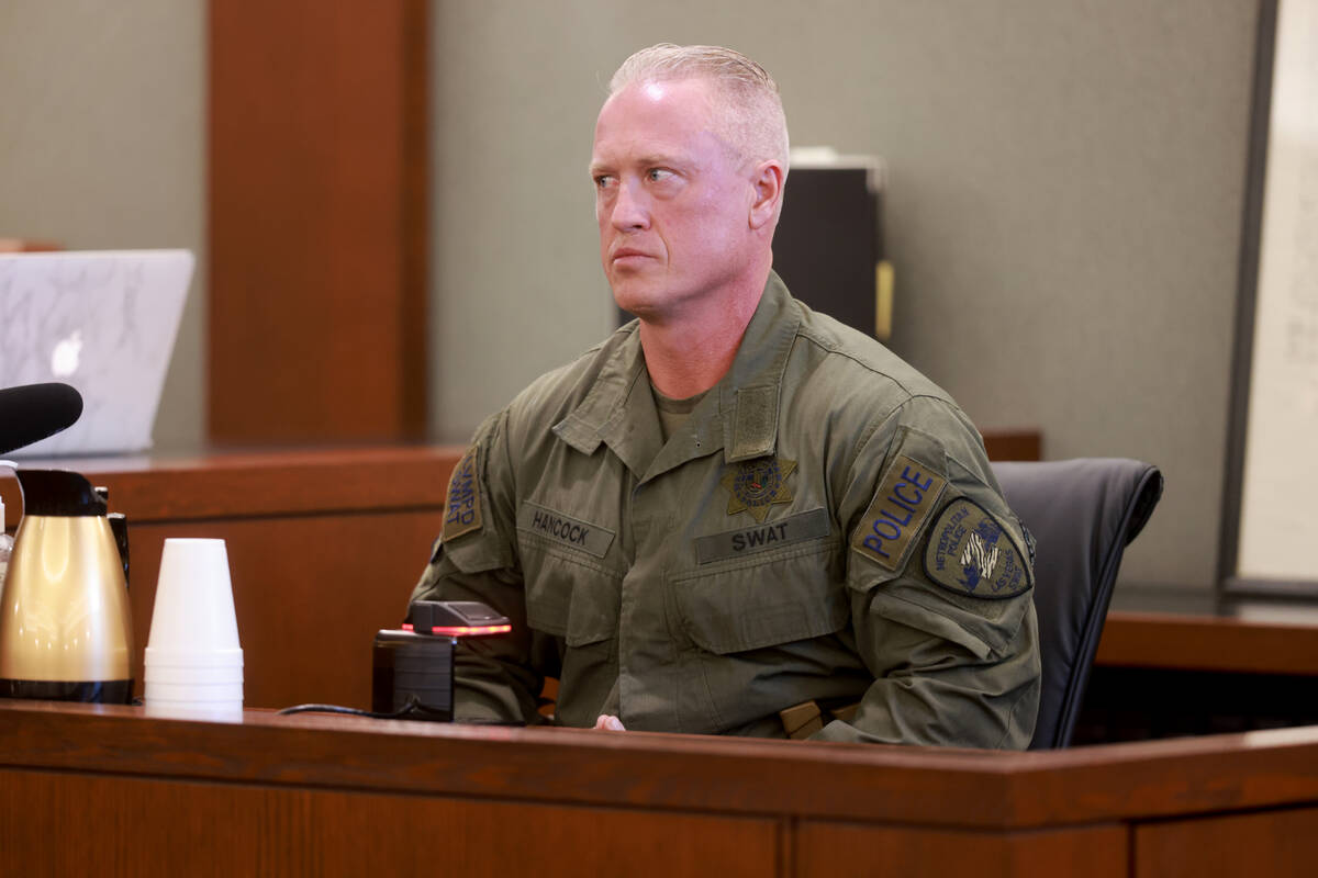 Las Vegas police SWAT officer Levi Hancock testifies on the witness stand on the fifth day of t ...