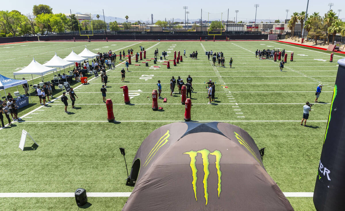 NFL defensive players run through a series of drills during Sack Summit 2025 at the UNLV Fertit ...