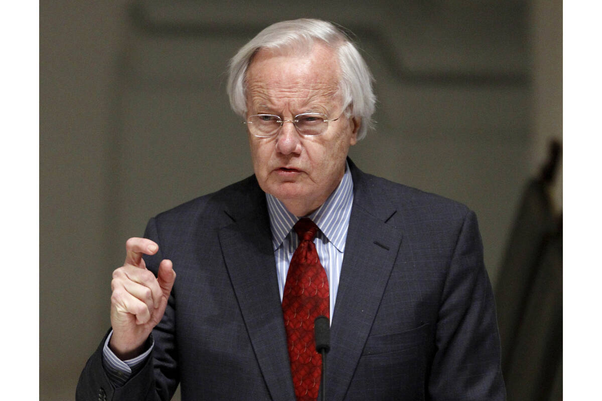 FILE - Bill Moyers speaks during the wake for R. Sargent Shriver in Washington on Jan. 21, 2011 ...
